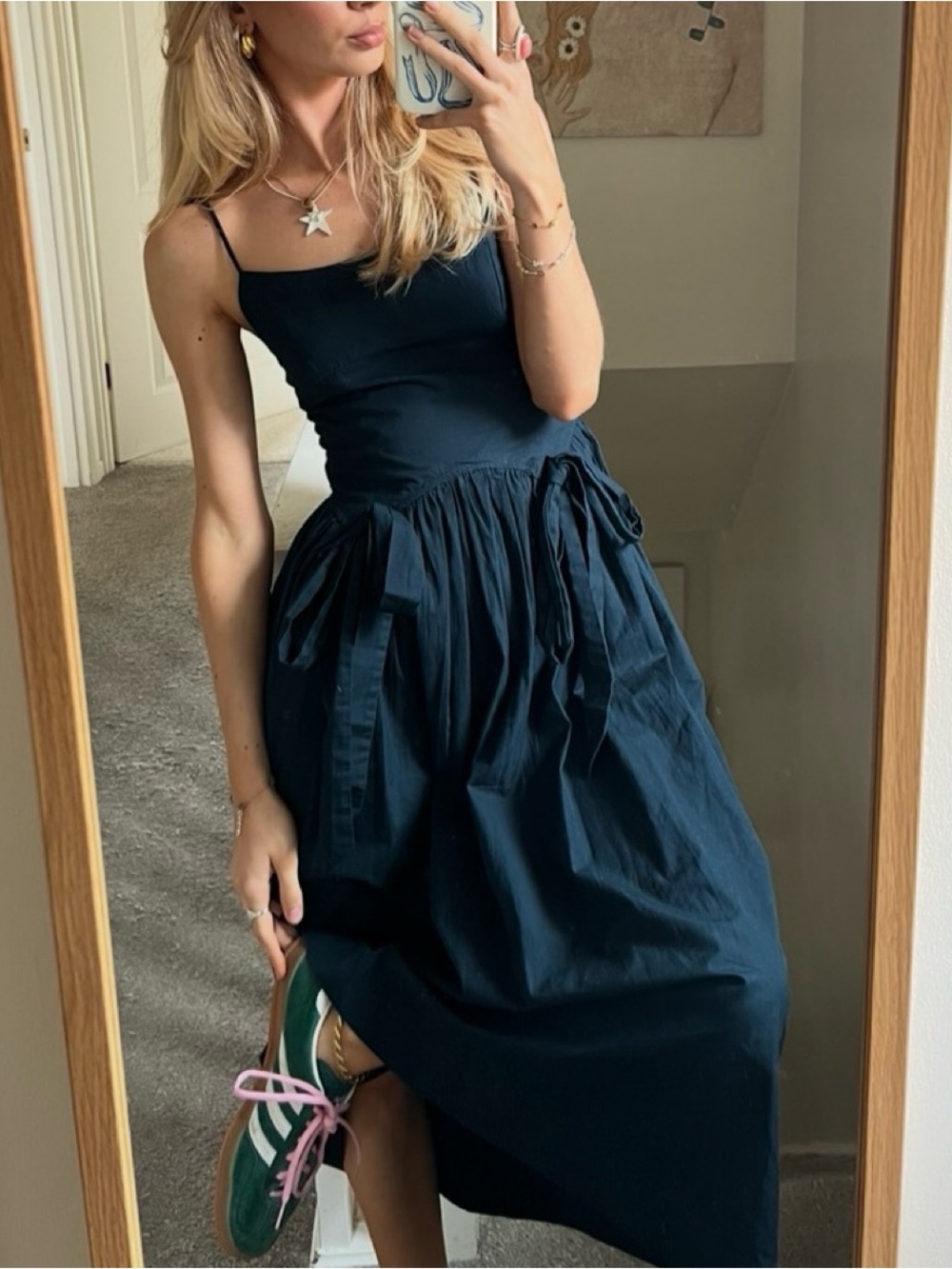 Damson Madder Penelope Strappy Bow Midi Dress Navy